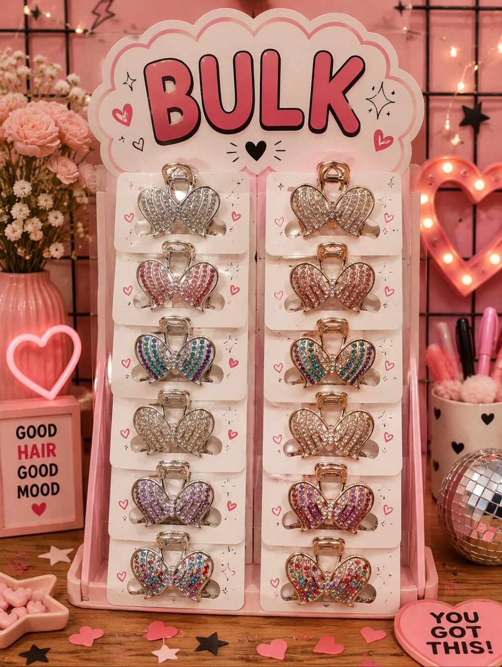 BULK Rhinestone Heart Hair Clips - Assorted Colors